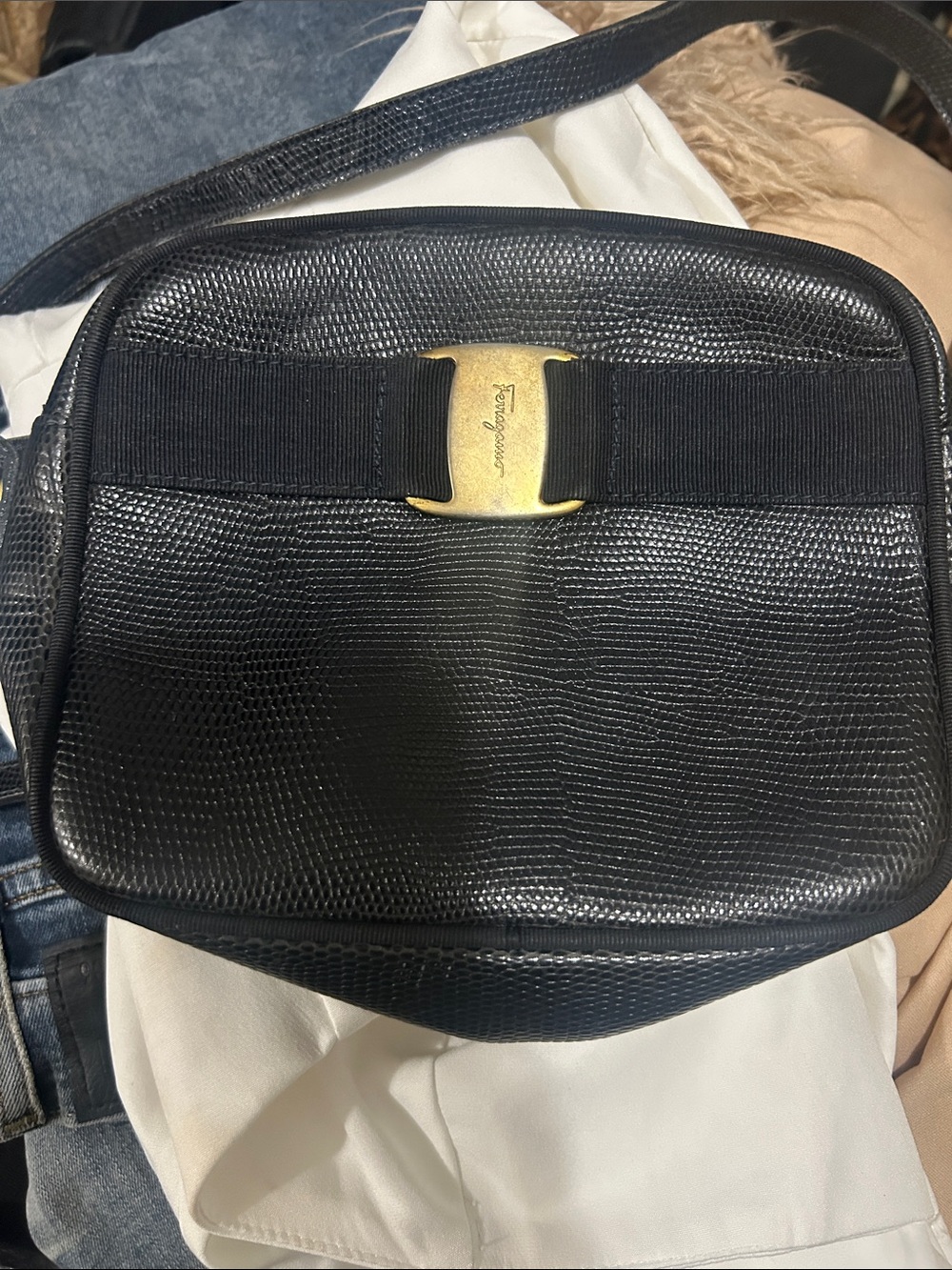 Salvatore Ferragamo vinBlack Lizard-Embossed Leather Crossbody with Gold Buckle - Picture 12 of 12